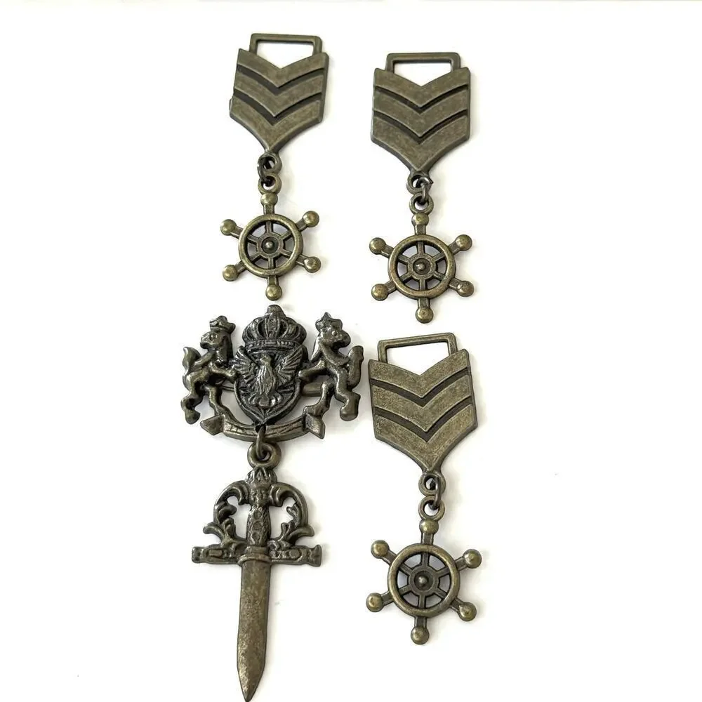 Vintage Bronze Tone Royal Crown Crest Lion Sword Pin & Three CS Naval Badge Set